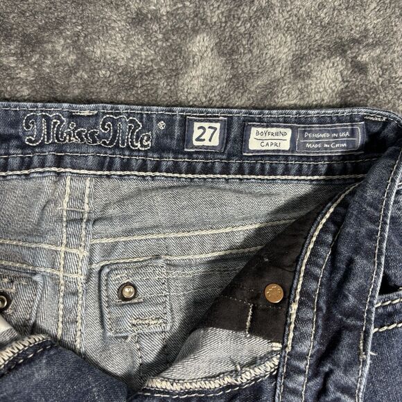 Miss Me Jeans Capri Boyfriend Dark Wash 27 Wings Embroidery Bling HTF - Picture 4 of 14